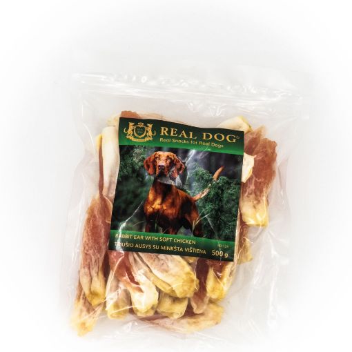 RD-124 REAL DOG SNACKS Triušio ausys su minkšta vištiena 500g paveikslėlis